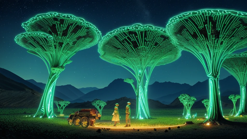a peaceful alien farming community, where agriculture is based on symbiotic relationships of fungi with native species, situated in a valley of bioluminescent plants and fungi.