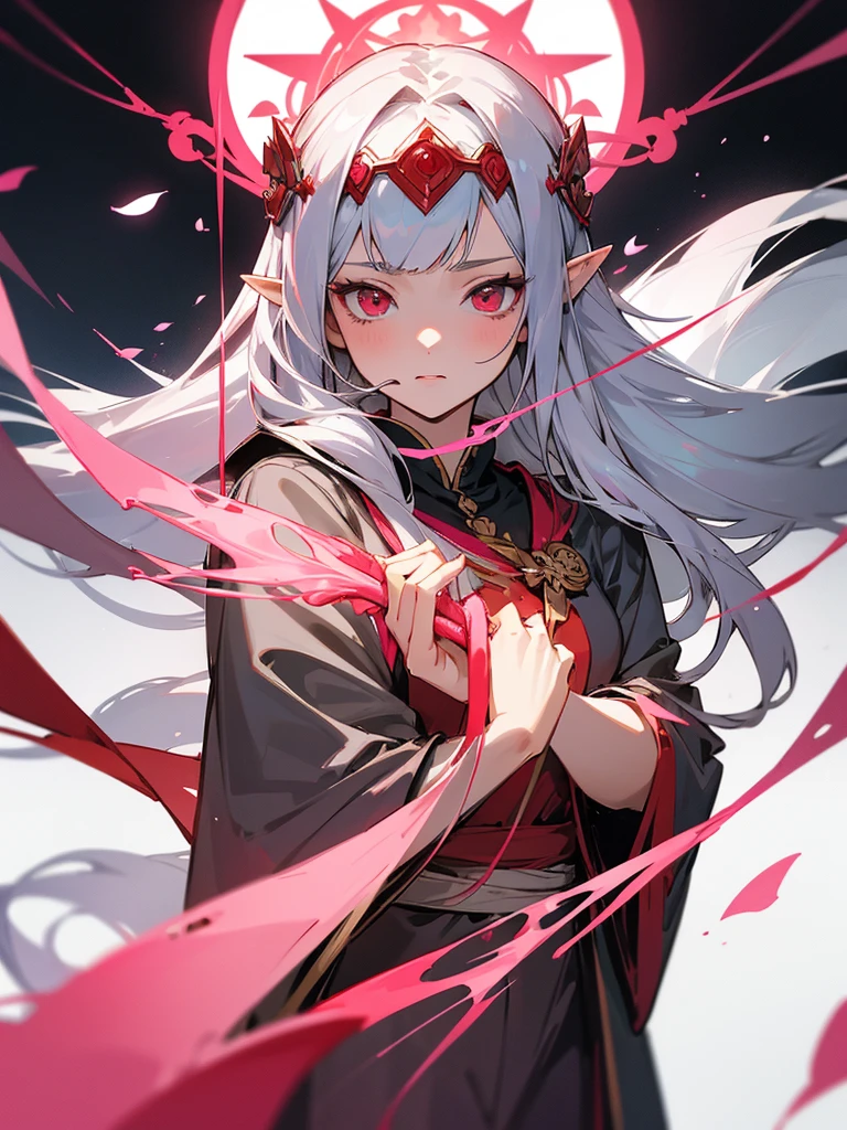 Draw me an mature girl anime,she had a straight bangs and long hair with silver colour,she had a elf ear,and red colour eye. Wearing a priestess pink colour outfit with head cap,holding a holy stick with both hand,white background, beautiful art,holy string behind her, flower rose petal around her 