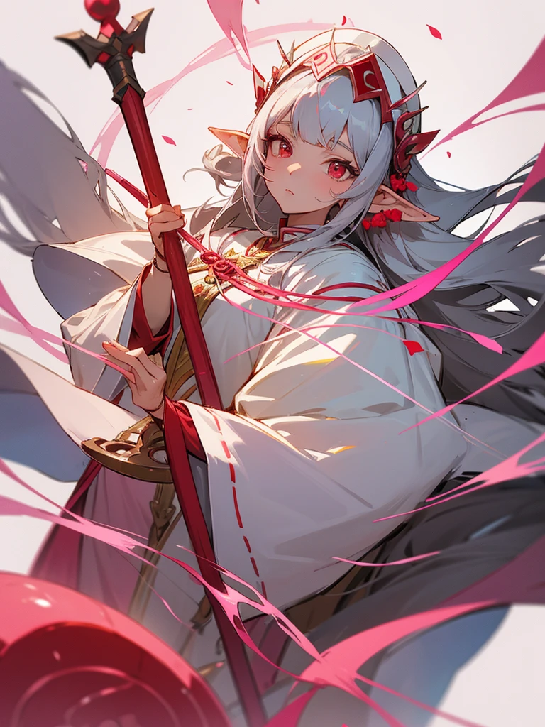 Draw me an mature girl anime,she had a straight bangs and long hair with silver colour,she had a elf ear,and red colour eye. Wearing a priestess pink colour outfit with head cap,holding a holy stick with both hand,white background, beautiful art,holy string behind her, flower rose petal around her 