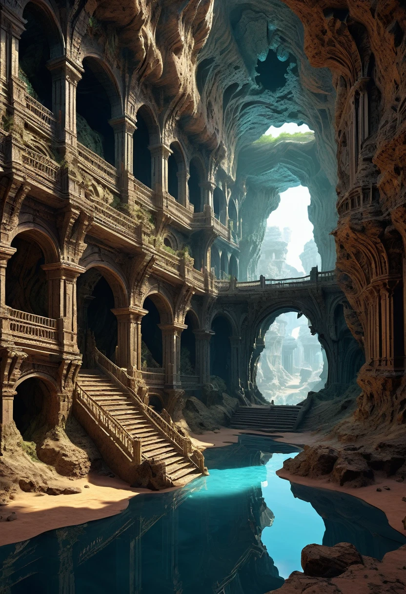 there are many inverted cavities (different rooms, united by mandelbulb projections that form passages and a large palace) in the middle of an underground canyon that forms a mandelbulb mud village at different heights with many balconies and stalactites and stalactites, fantasy architecture, Highly detailed 4K digital art, beautiful detailed fantasy, stunning fantasy landscape, detailed fantasy digital art, arstation and high beep, fantasy style 8k octane rendering, stuning fantasy 3d rendering, Detailed fantasy in 4K, fantasy 3d rendering, 3D rendering beep, deep and massive desert landscape, stalacmite cave labyrinth type very confusing geonosis bubbes