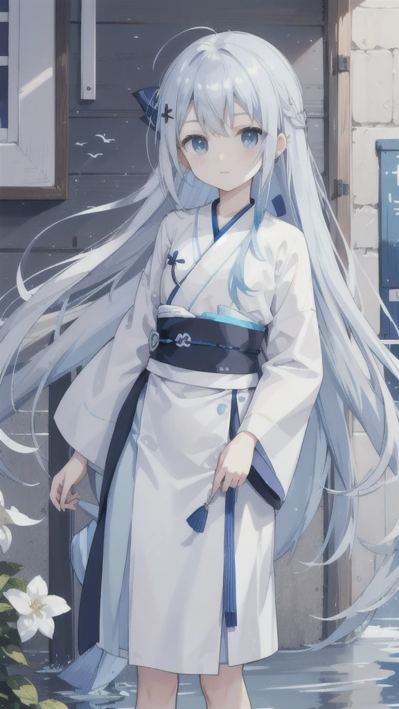 flying fish,Blue and gray Hanfu,blue belt,silver hairpin,light blue long hair