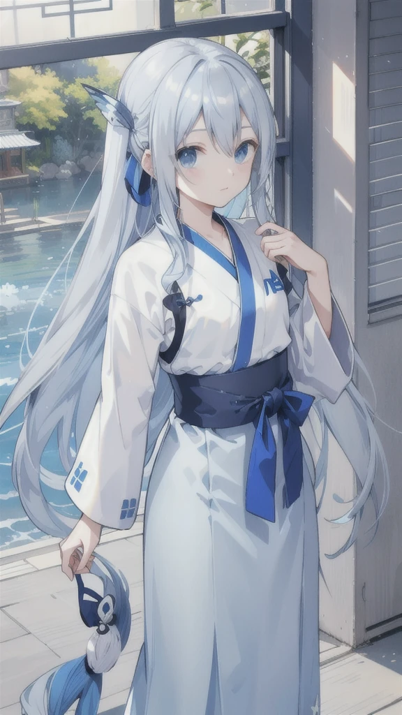 flying fish,Blue and gray Hanfu,blue belt,silver hairpin,light blue long hair