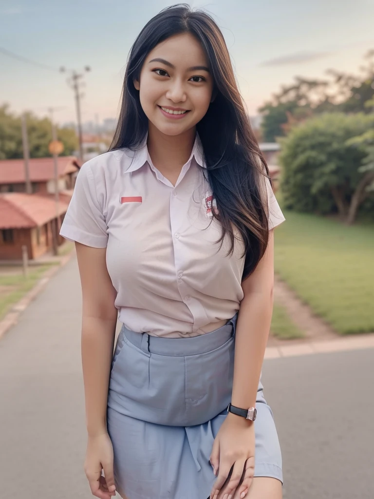 1girl, solo, 19 years old, (uniform), detailed Metropolitan city at the background, portrait, thick breasts, semi-curvy body, smooth realistic skin, cute smile, white shirt, grey blue short skirt, looking at the audience, high angle shot,(8k, RAW photo, best quality, masterpiece: 1.3), (realistic, realistic: 1.37), ultra-high resolution, cowboy shot