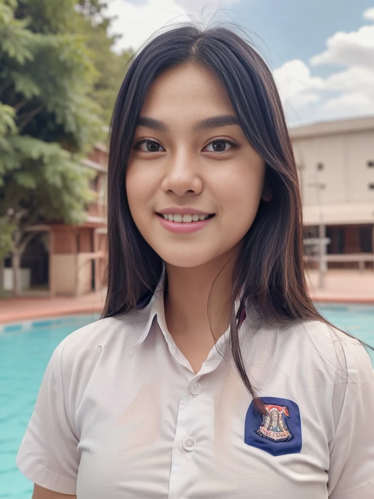 1girl, solo, 19 years old, (uniform), detailed Metropolitan city at the background, portrait, thick , semi-curvy body, smooth realistic skin, cute smile, white shirt, grey blue short skirt, looking at the audience, high angle shot,(8k, RAW photo, best quality, masterpiece: 1.3), (realistic, realistic: 1.37), ultra-high resolution, cowboy shot