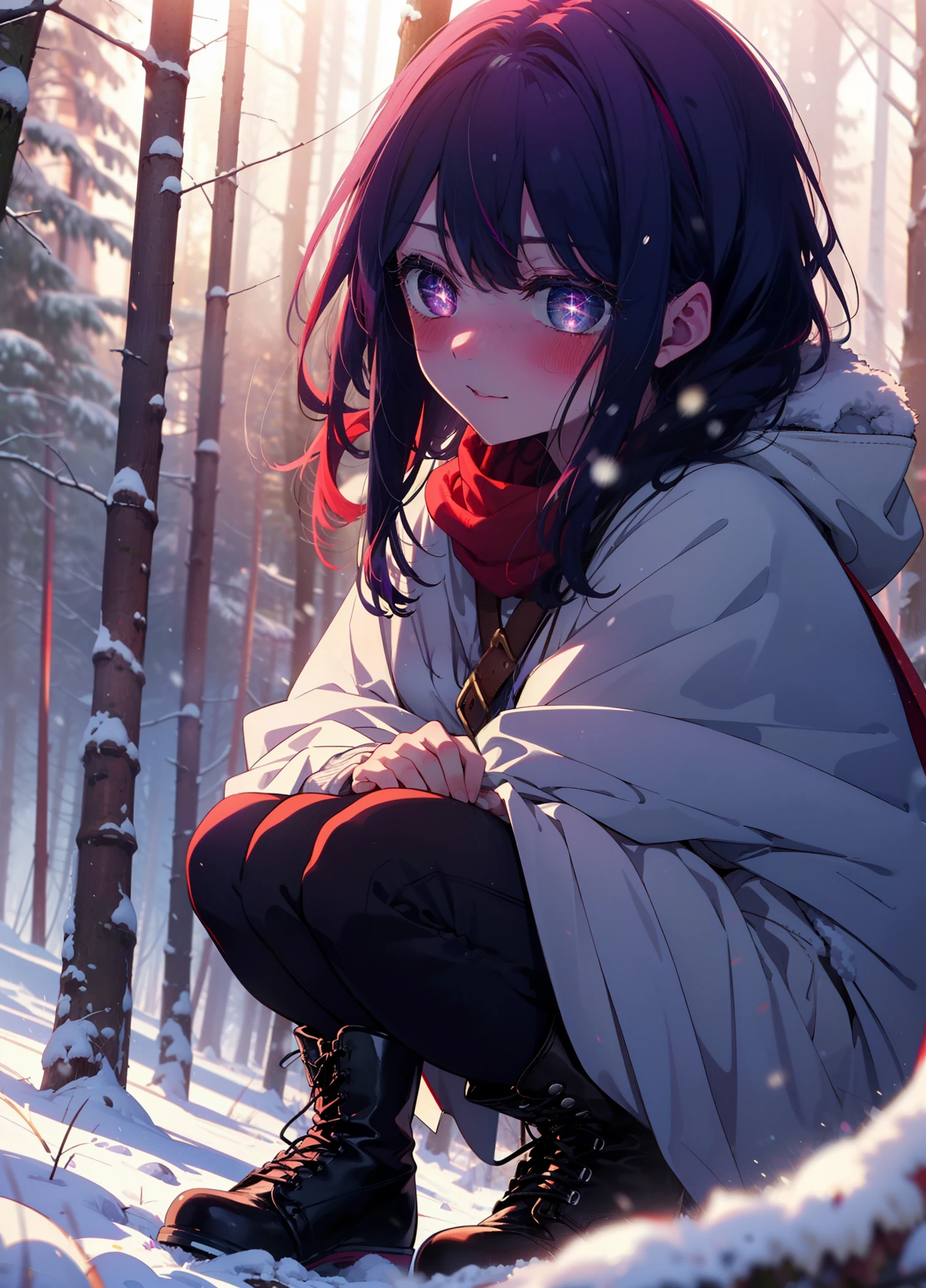 aihoshino, Ai Hoshino, Long Hair, bangs, (Purple eyes:1.1), Purple Hair, (Symbol-shaped pupil:1.5), smile,,smile,blush,white breath,
Open your mouth,snow,Ground bonfire, Outdoor, boots, snowing, From the side, wood, suitcase, Cape, Blurred, , forest, White handbag, nature,  Squat, Mouth closed, Cape, winter, Written boundary depth, Black shoes, red Cape break looking at viewer, Upper Body, whole body, break Outdoor, forest, nature, break (masterpiece:1.2), Highest quality, High resolution, unity 8k wallpaper, (shape:0.8), (Beautiful and beautiful eyes:1.6), Highly detailed face, Perfect lighting, Extremely detailed CG, (Perfect hands, Perfect Anatomy),