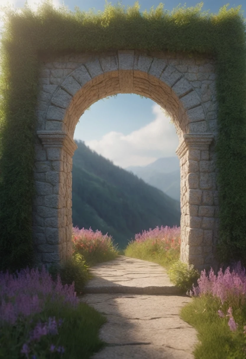 "subject description {A very wide door arch made of stones , intertwined with plants, standing in a landscape of beautiful wildflowers, with a brilliant background of bright light emanating from within}, Image type {photorealistic image}, art styles {Surrealism}, camera {35mm}, shooting {medium shot}, Rendering related information {4k, hyper detailed, ambient light}"