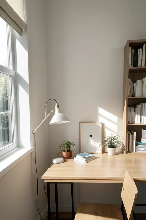 A room with minimalist decor, a comfortable bed and a desk with books and a small plant. Light comes from a desk lamp or soft light coming in through the window. ((best qualityer)), ((work of art)), (detailded),