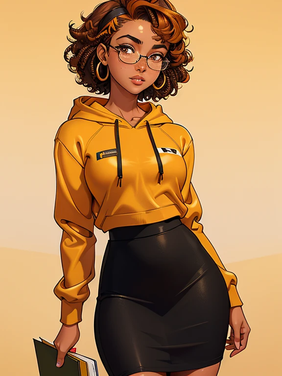 (masterpiece,best quality,absurdres,beautiful,aesthetic,detailed), (Detailed face:1.2), (Detailed eyes:1.2), 1girl, solo, 20 year old college student, ((slim, petite)) , she has tan-bronze skin with some freckles, short curly black hair with orange highlights, amber colored eyes, (Wearing: reading glasses, yellow hoodie, black pencil skirt), college background