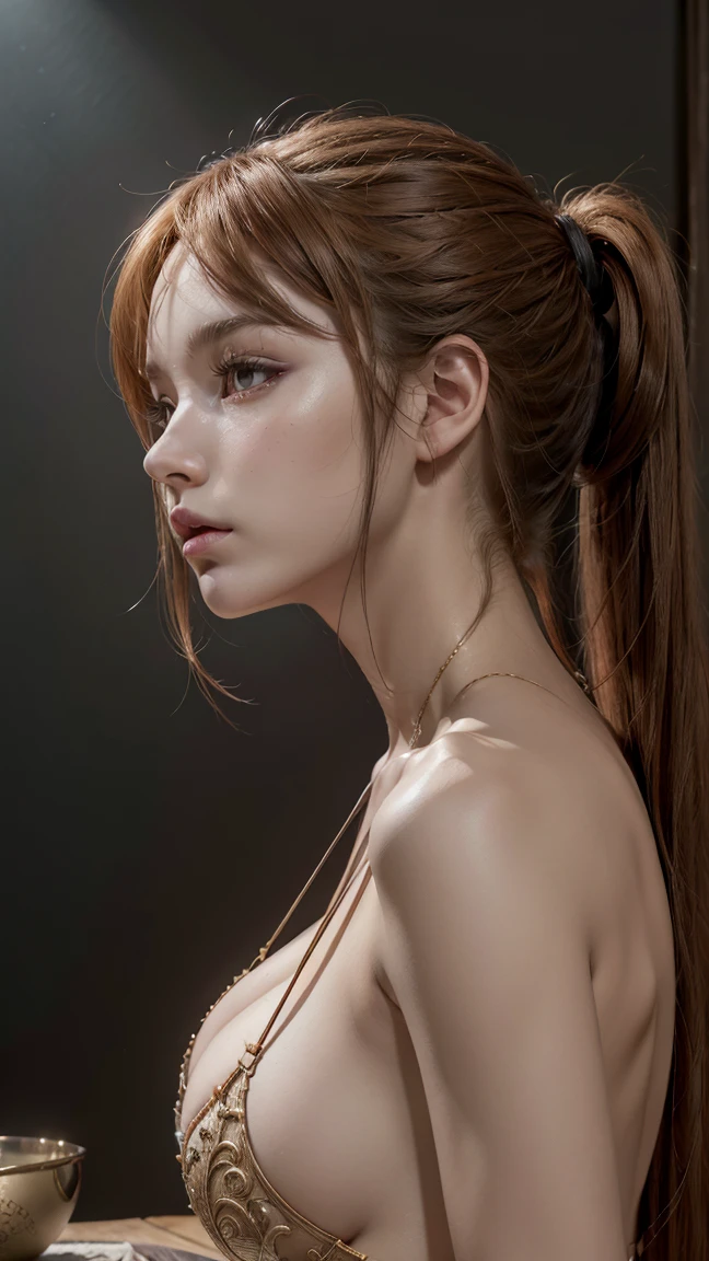 From the side,(scene,Fantasy art,Best image quality,Surreal主义肖像,(8k),Surreal,最high quality,high quality,High resolution,high qualityのテクスチャ,Attention to detail,Beautiful and detailed,Are you okay,Highly detailed CG,Detailed Texture,True reNowation of the face,On the table,Now,dynamic,bold),1 Gil,Very delicate skin,curve,,Beautiful breasts,Pale skin,Pointed Chest,Stand upright,ponytail,(Very thin hair),(Very soft hair),(Super Straight Hair),Let your long bangs flow,Very light coppery amber hair,Hair covering one eye,Sportswear