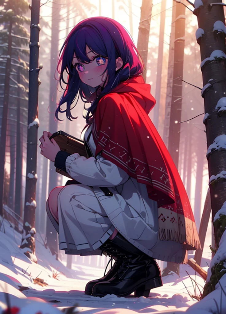 aihoshino, Ai Hoshino, Long Hair, bangs, (Purple eyes:1.1), Purple Hair, (Symbol-shaped pupil:1.5), smile,,smile,blush,white breath,
Open your mouth,snow,Ground bonfire, Outdoor, boots, snowing, From the side, wood, suitcase, Cape, Blurred, , forest, White handbag, nature, Squat, Mouth closed, Cape, winter, Written boundary depth, Black shoes, red Cape break looking at viewer, Upper Body, whole body, break Outdoor, forest, nature, break (masterpiece:1.2), Highest quality, High resolution, unity 8k wallpaper, (shape:0.8), (Beautiful and beautiful eyes:1.6), Highly detailed face, Perfect lighting, Extremely detailed CG, (Perfect hands, Perfect Anatomy),
