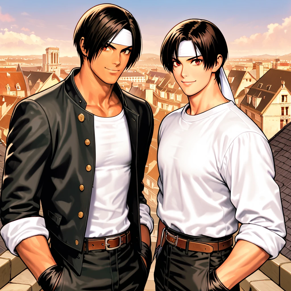 Orochikyo, dark skin, two people, red eyes, black jacket (rolled up sleeves), fingerless gloves, black hair, white t-shirt, ((white headband)), black pants, white shoes, brown belt, handsome, shot, charming, masterpiece, high resolution, detailed face, fine grain, day, big sky, confident smile, with lover Montparnasse Tower, viewer in background on roof of building, smiling man and woman, France, shoulders together