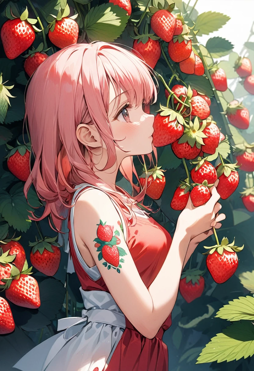 A Strawberry, cute girl, single strawberry tattoo on arm, holding strawberry, side view