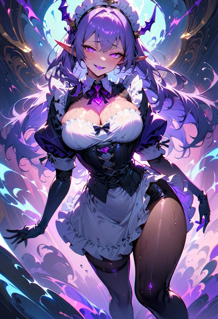 purple hair, hair over one eye, red eyes, glowing eyes, adult, wavy fluttering victorian dress, cleavage, thicc thighs, massive body, massive super gigantic breasts, lifted up breasts, mischievous, raccoon girl