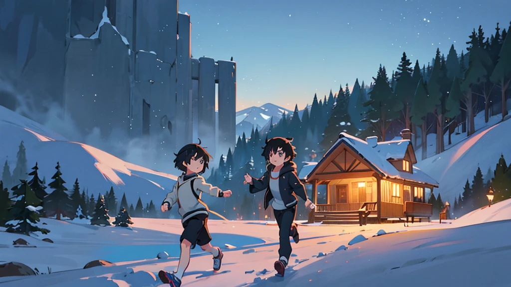 Boy running out at night, of a cabin with snow surrounding it, an image of Makoto Shinkai, at night, night landscape, trend on pixiv, conceptual art, guweiz style artwork, Guweiz and Makoto Shinkai, Sakimichan and Makoto Shinkai, ( ( Makoto Shinkai ) ). Kawaii Design, body details (ultra quality 4k) (many details) and sad detailed face