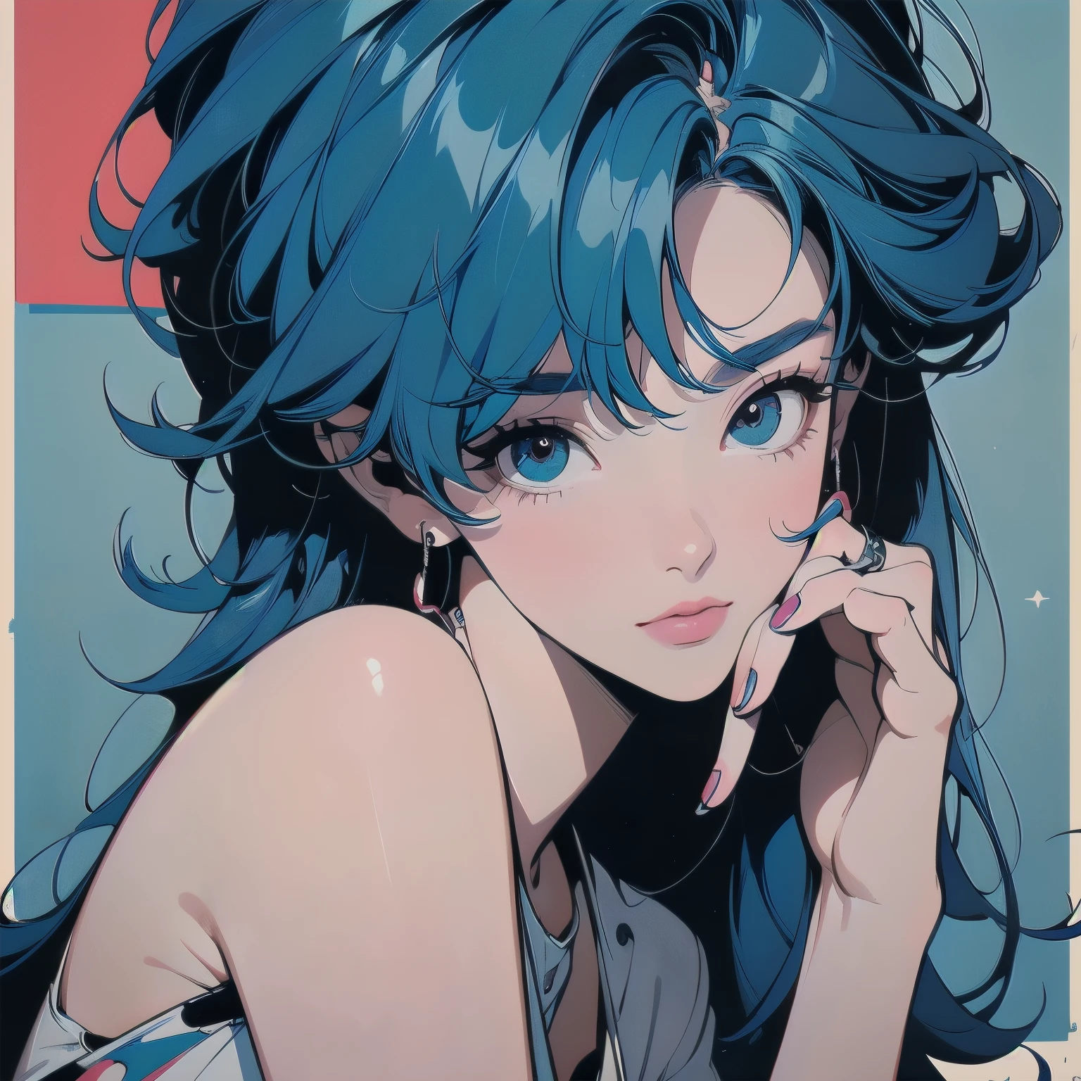 Trigun、Persona、Beautiful woman、Movie Posters、Upper Body、Model pose、mysterious、Small breasts、Short sleeve、(((A detailed and complex drone)))、(((The perfect drone)))、(((Blue hair color)))、(((many eyeball)))