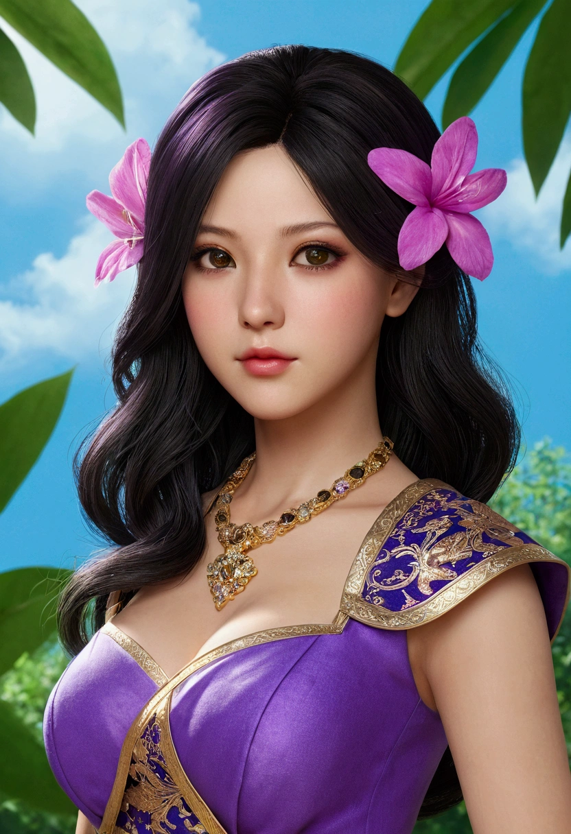 Ultra-realistic 8K CG,Masterpiece artwork,((Ultra-detailed backgrounds,delicate patterns,Complicated Details)),Best quality at best,photo by full body,very face, very detailled,olhos e rostos very detailleds,Olhos very detailleds,kochou shinobu,O cabelo multicolorido,without bangs,hair intake,Black eye,Haori,butterflys,tira obi,(tropical garden:1.2),purple flower,mostly cloudy sky,rays of sunlight,Tyndall effect,Gradient_sky,the face,beautiful sky,Saber at the waist,captivating posture,(breasts big:1.3),(neckleace:1.3),(Ombro to ombro suit:1.6)