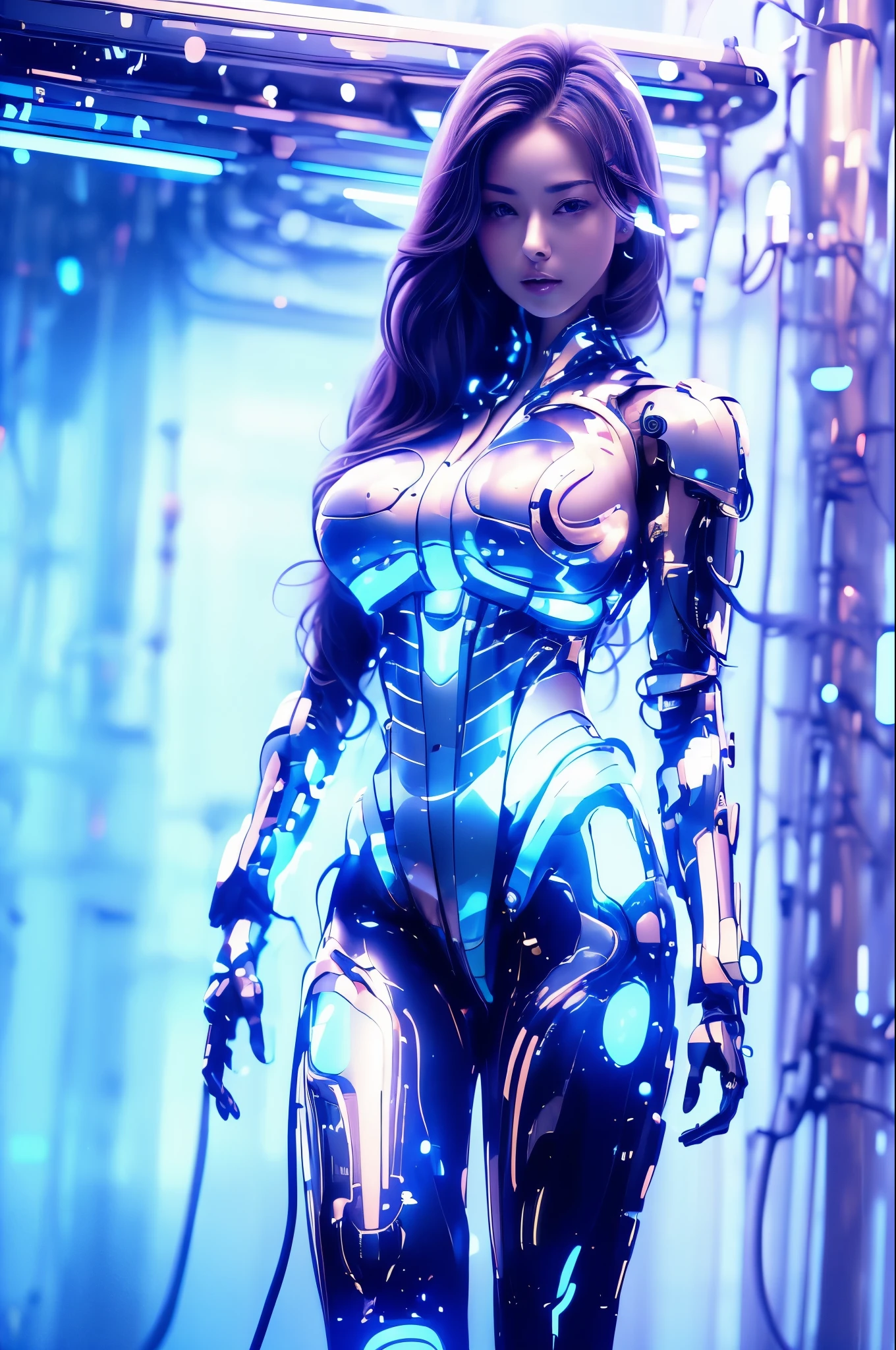 Highest quality, masterpiece, figure, (Realistic, photo-Realistic:1.37), wonderful, In detail, Incredibly absurd, Large file size, Very detailed, High resolution, Very detailed CG Unity 8k wallpaper, Very detailed目と顔, Ray Tracing, Browsing Caution, NUDE, One girl, Korean cyborg girl is innocent and young々Has a sly expression. She poses boldly with her arms raised above her head, Revealing her voluptuous figure. She is wearing a small black mecha armor top that barely covers her breasts., Exposing most of her flawless skin. Her shoulders and head have more armor detailing.、There are shining highlights, Tech Panels and Mechanisms. She is standing against a futuristic cityscape lit up with vibrant neon lights.、Standing full of energy。.