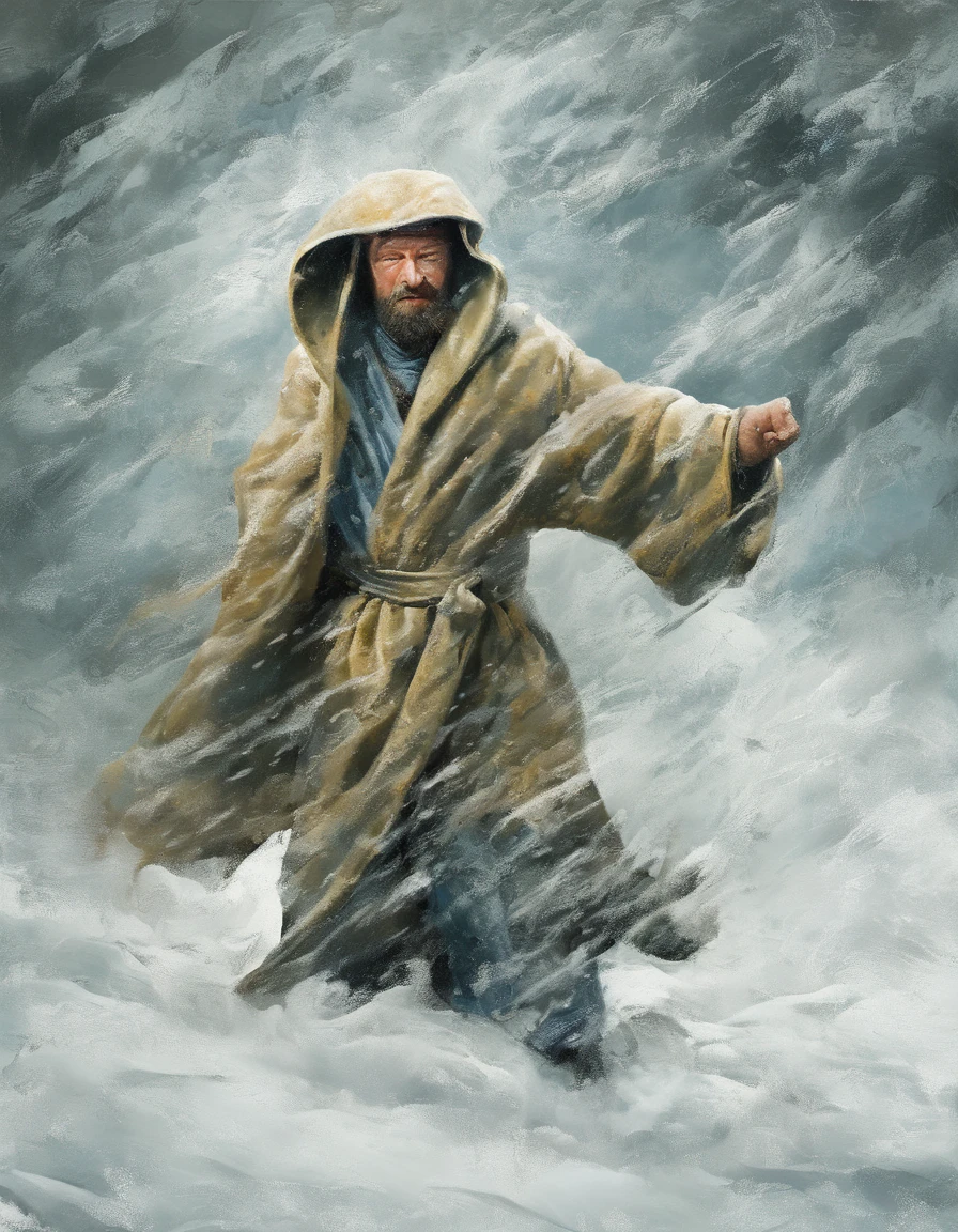 A snow adventurer, Wearing another shabby robe, face covered with cloth, surreal van Goh painting.fighting a snow storm, motion blur, monochromatic, low angle view,