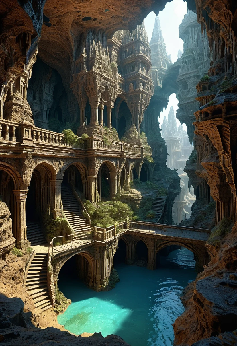 there are many inverted cavities (different rooms, united by mandelbulb projections that form passages) in the middle of an underground canyon that forms a mandelbulb mud village at different heights with many balconies and stalactites and stalactites, fantasy architecture, Highly detailed 4K digital art, beautiful detailed fantasy, stunning fantasy landscape, detailed fantasy digital art, arstation and high beep, fantasy style 8k octane rendering, stuning fantasy 3d rendering, Detailed fantasy in 4K, fantasy 3d rendering, 3D rendering beep, deep and massive desert landscape, stalacmite cave labyrinth type very confusing geonosis bubbes, convent