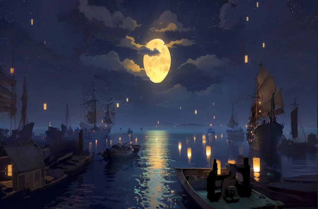 There are many boats floating on the water at night, A quiet night. Digital Illustration, floating in the moonlight at night, anime art wallpaper 8 k, Anime Art Wallpaper 4K, Anime Art Wallpaper 4K, Moonlit night dreamy atmosphere, 4k anime wallpaper, author:Yang J, 4k hd illustration wallpaper, Beautiful moonlit night, Moonlight fisheye illustration