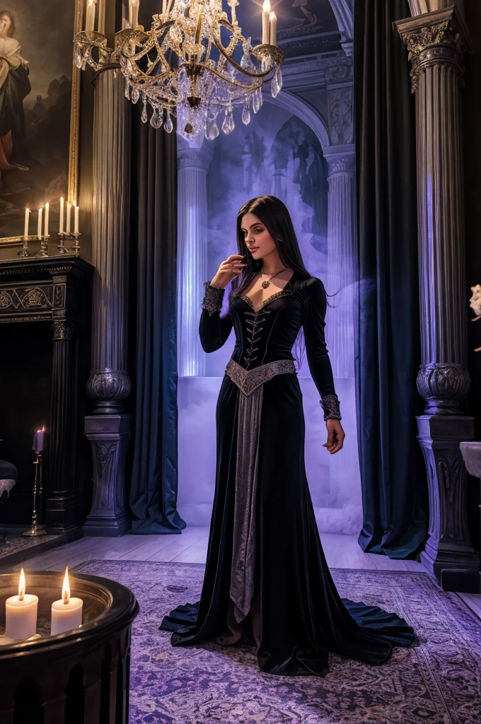make an image of this strong man with green eyes hyper realistic, slightly long hair, break I. tenue: , , silver and black jewelry. II. event: gothic castle, dark and mysterious atmosphere., dim lighting with chandeliers, library full of ancient grimoires, mirrors framed with magical motifs, scented candles with incense, mystical mist floating in the air. iii. decor: gothic atmosphere, Soft lighting with violet and blue lights., refined furniture with touches of black and silver, black velvet curtains, mirrors adorned with witchcraft motifs, lavender scented candles, break, (Full body forward position ), Masterpiece artwork, best qualityer, very detailled, desire (extremely realistic quality on the face in every detail) hyper image