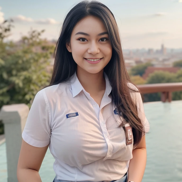 1girl, solo, 19 years old, (uniform), detailed Metropolitan city at the background, portrait, thick breasts, semi-curvy body, smooth realistic skin, cute smile, white shirt, grey blue short skirt, looking at the audience, high angle shot,(8k, RAW photo, best quality, masterpiece: 1.3), (realistic, realistic: 1.37), ultra-high resolution, cowboy shot