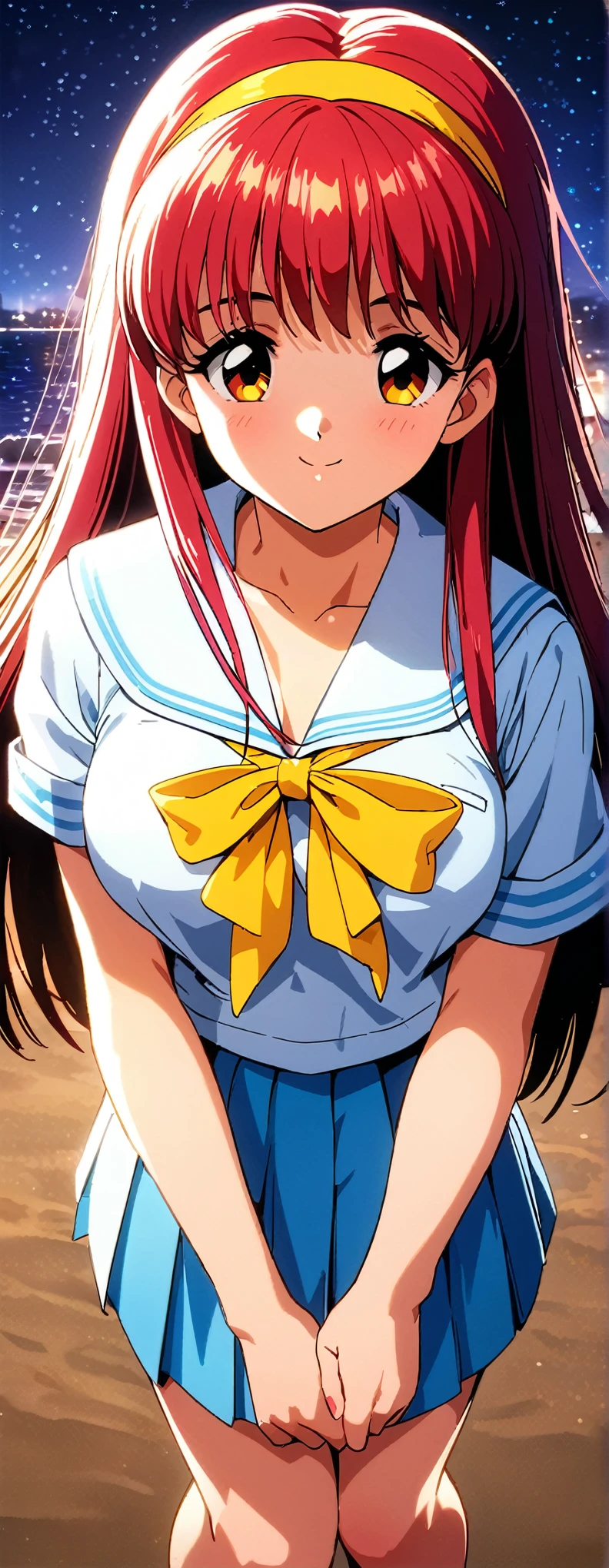 Straight Hair、Long Hair、Shiny light red hair color,(Light blue short sleeve white sailor suit:1.5),The collar is light blue,Yellow headband,The large ribbon on the front of the sailor suit is yellow.,(Light blue pleated skirt:1.5),Looks about 15 years old, (beautiful girl: 1.3),A big smile,Big, round eyes、Eyes are red,Highest quality,8k,Highly detailed CG unit wallpaper,masterpiece:1.2,top-quality,Ultra-high resolution,RAW Photos,real texture skin,Cinema Lighting,女の子はbeautiful girlの幼馴染,Big, round, beautifully shaped butt,Large Breasts,((Sandy beach at night,barefoot,peace sign)),