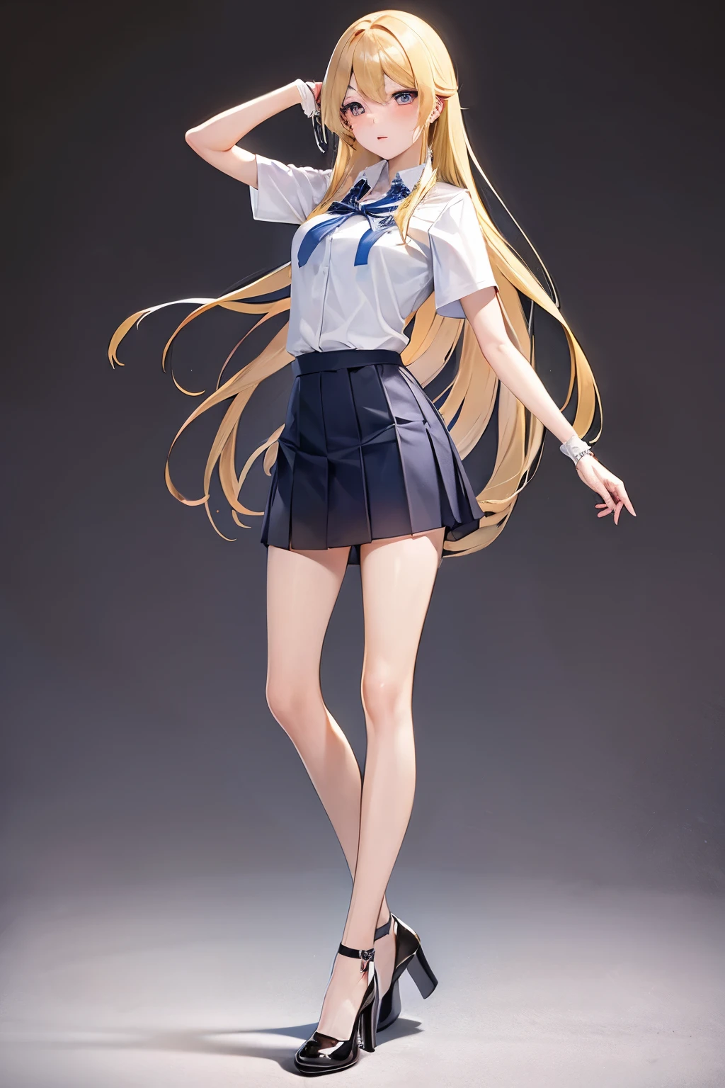 (masterpiece), best quality, 1girl, solo female, teen, student, sharp focus, medium breasts, slender, glamor, beautiful alluring anime woman, beautiful anime woman, attractive anime girl, aqua eyes, parted lips, blush, straight hair, long hair, blonde hair, school uniform, long skirt, cut-out skirt, shirt, school shirt, untucked shirt, high  heels, some jewelary, simple background, front view, slim, neutral pose, standing still