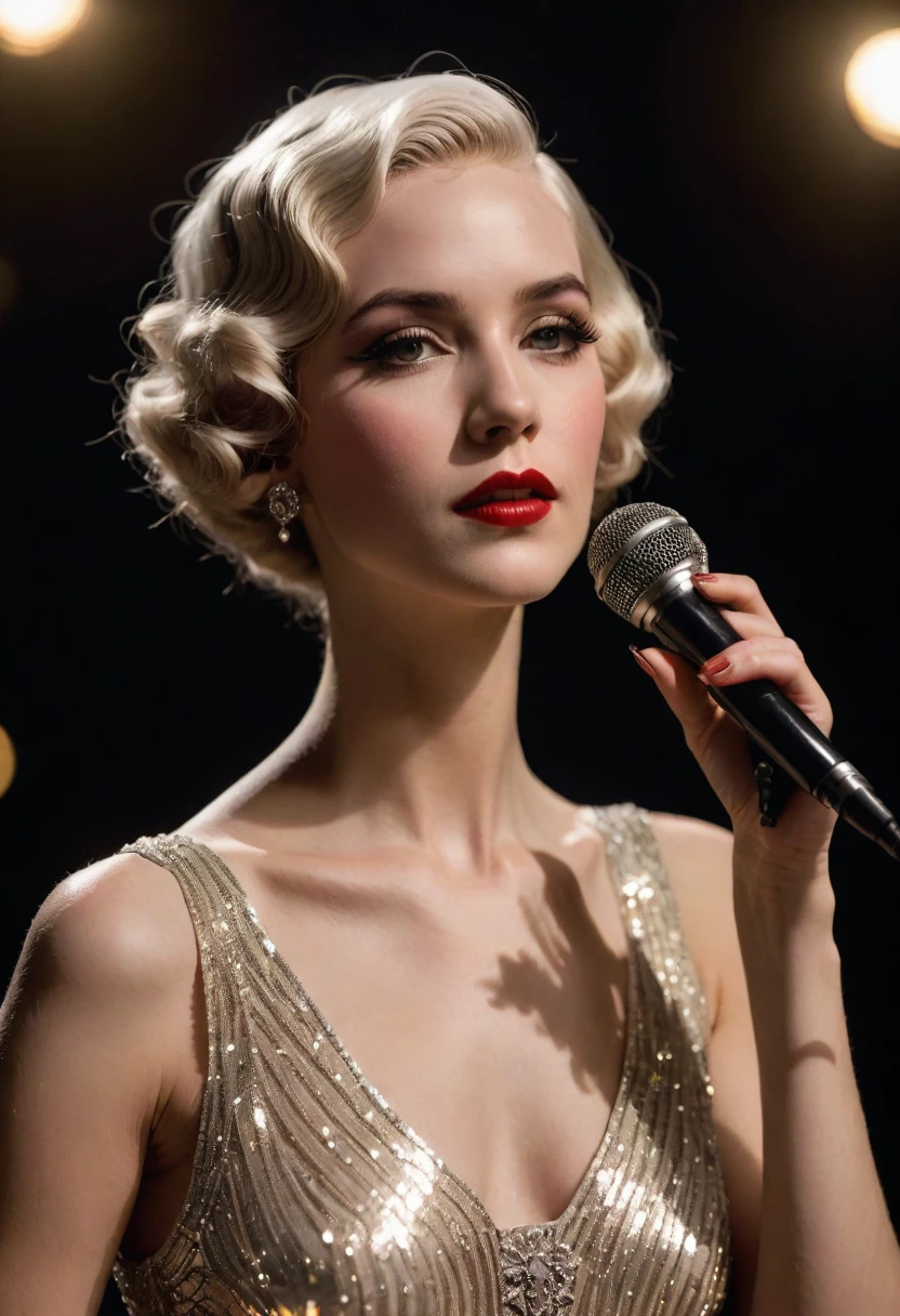 girl, 20 years old, (((elegant 1920s singer))), waterwave hairstyle, vintage sequined dress, holding a vintage microphone, glamorous makeup, femme fatale, art deco stage, performing in a grand theater, photorealism, highly detailed, ultra quality, cinematic lighting, realistic skin texture, (((white hair))) (feminine), ((alluring facial expression)), ((exquisitely detailed facial features)), ((perfect eyes)), extremely detailed painting, intricate, ((Bastien Lecouffe-Deharme art style)), 8k wallpaper, nikon, trending on Artstation, trending on CGSociety, midjourney art, (sensual), ((full lips)), (((shaved side)))