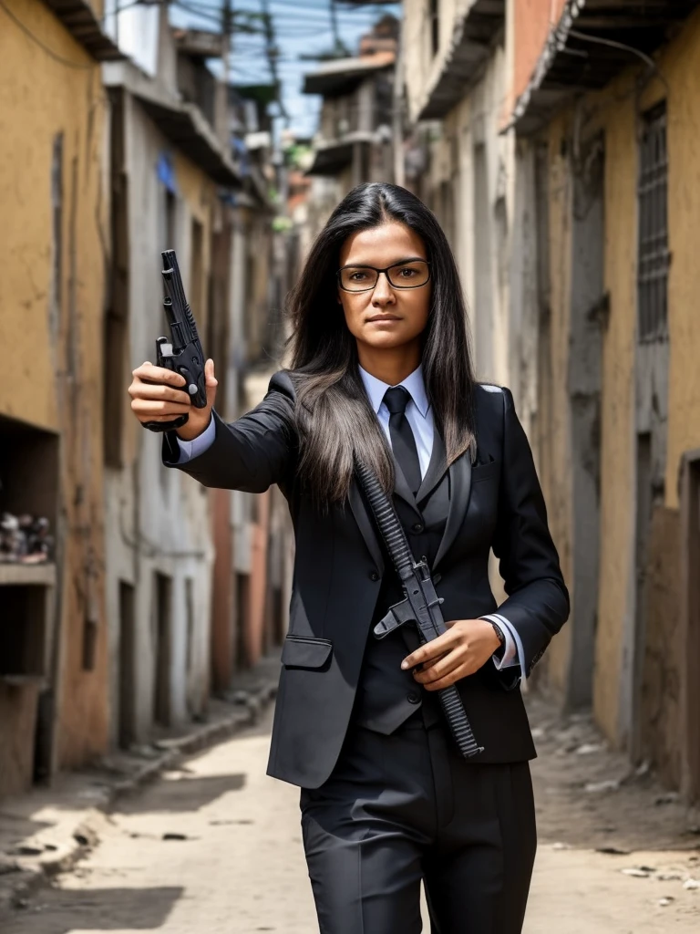 photo of slim woman with long hair and black glasses wearing a black suit, holding gun in hand ,with the other hand is in his trouser pocket, pointing the barrel to camera, with the background of a favela in Rio de Janeiro
