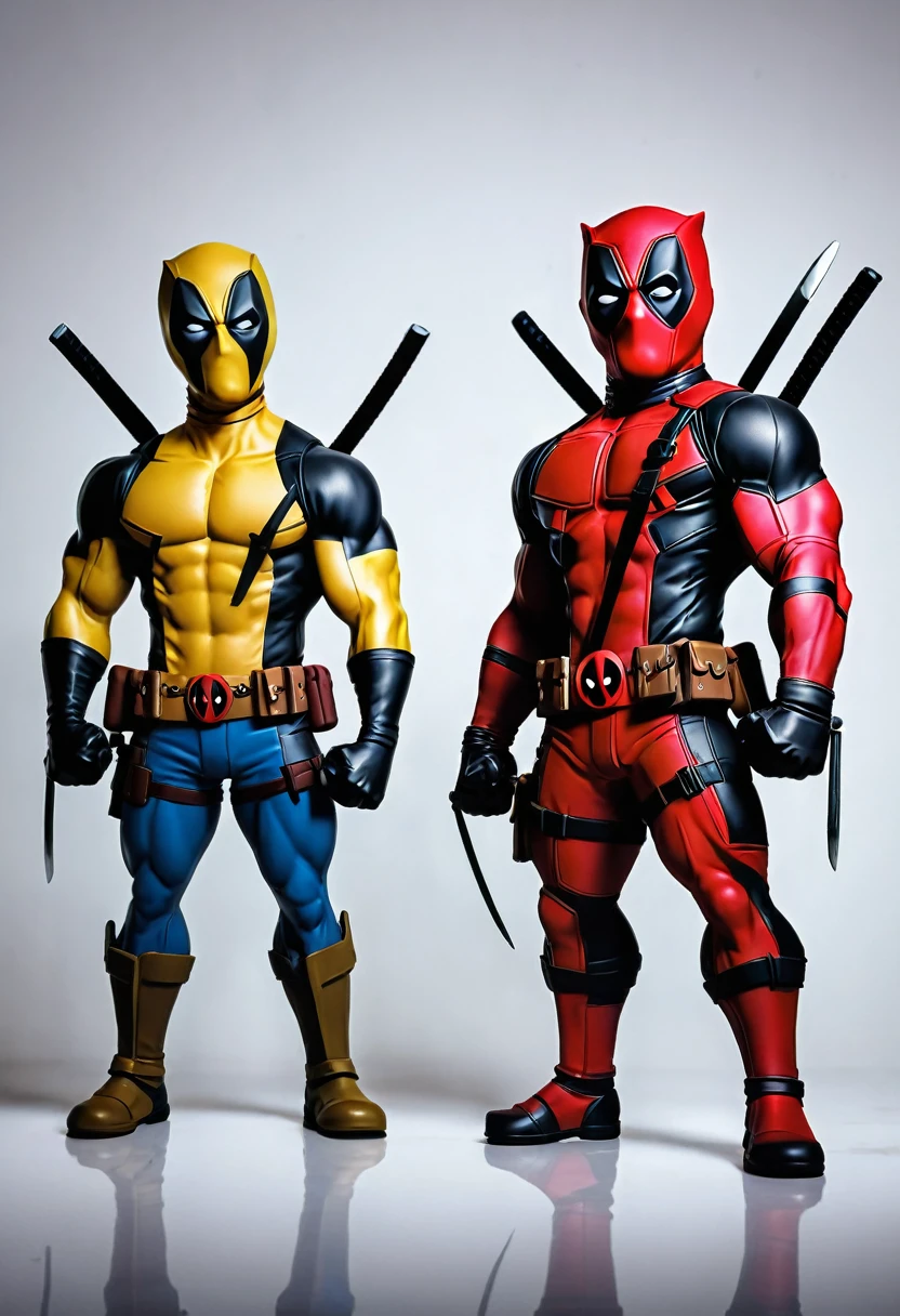 Create an image of chibi-style figures of Deadpool and Wolverine. Deadpool should be wearing his iconic red and black suit with two swords on his back, striking a confident pose with his hands on his hips. Wolverine should be in his classic yellow and blue costume, standing next to Deadpool with a fierce expression, flexing his muscles with fists clenched. The background should be a simple, gradient style with soft colors to keep the focus on the characters.