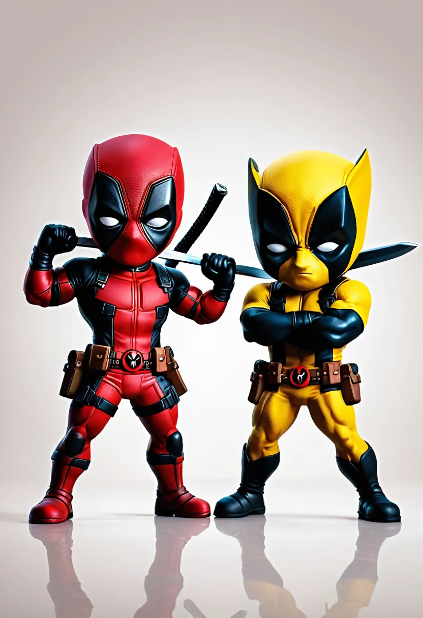 Create an image of chibi-style figures of Deadpool and Wolverine. Deadpool should be wearing his iconic red and black suit with two swords on his back, striking a confident pose with his hands on his hips. Wolverine should be in his classic yellow and blue costume, standing next to Deadpool with a fierce expression, flexing his muscles with fists clenched. The background should be a simple, gradient style with soft colors to keep the focus on the characters.