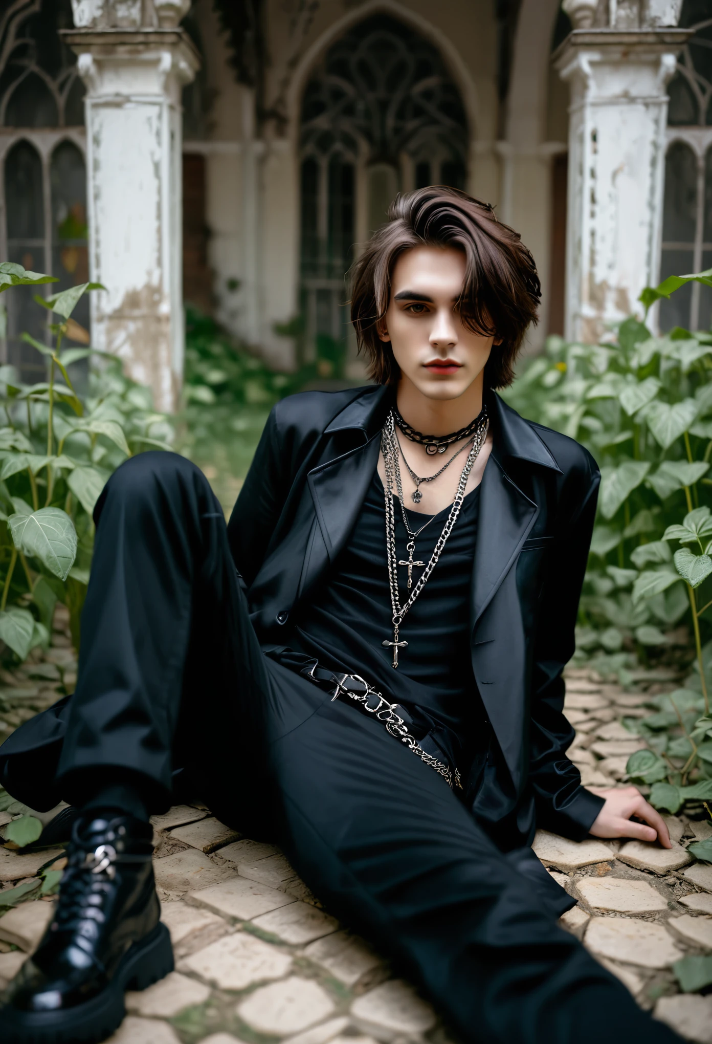 Gothic normal medium haired young men with aesthetic chain necklace is posing laying on the floor in front of the abandoned garden