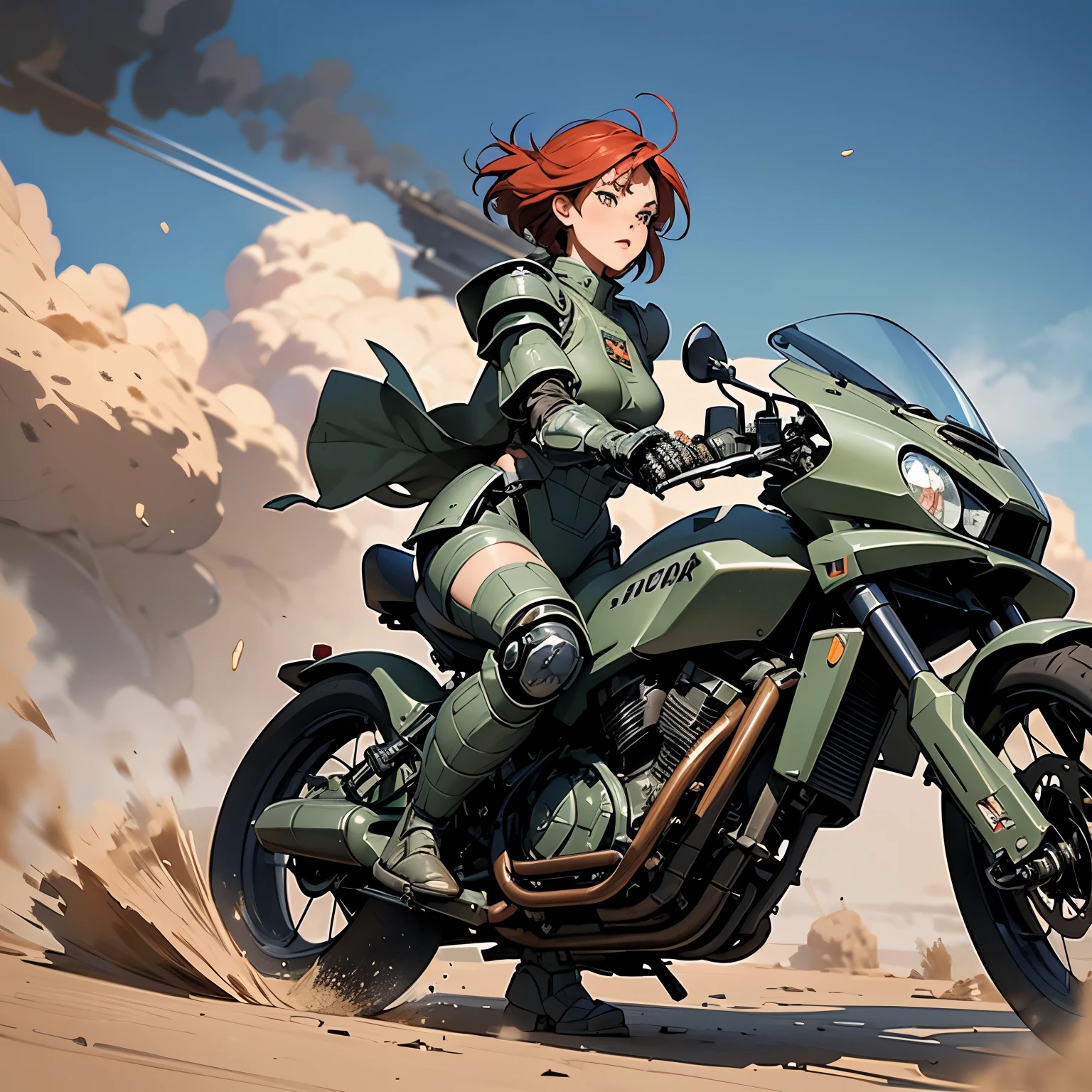 nsfw, anime screencap, 16K, perfect anatomy proportion body, perfect hands, action, A dynamic composition with a sense of speed and movement, (open cockpit, Ride a large, heavily armored military bike:1.6), a wife, 40age, perfect beautiful delicate sexy face, perfect beautiful delicate slanted eyes, red hair, swept bangs pixie cut, medium breasts, Camouflage colored heavy armor robotic steam engine full armor powered suit, Many robot soldiers having a gunfight in the background, Flying bullets, Desert Battlefield, war, Post-apocalyptic,