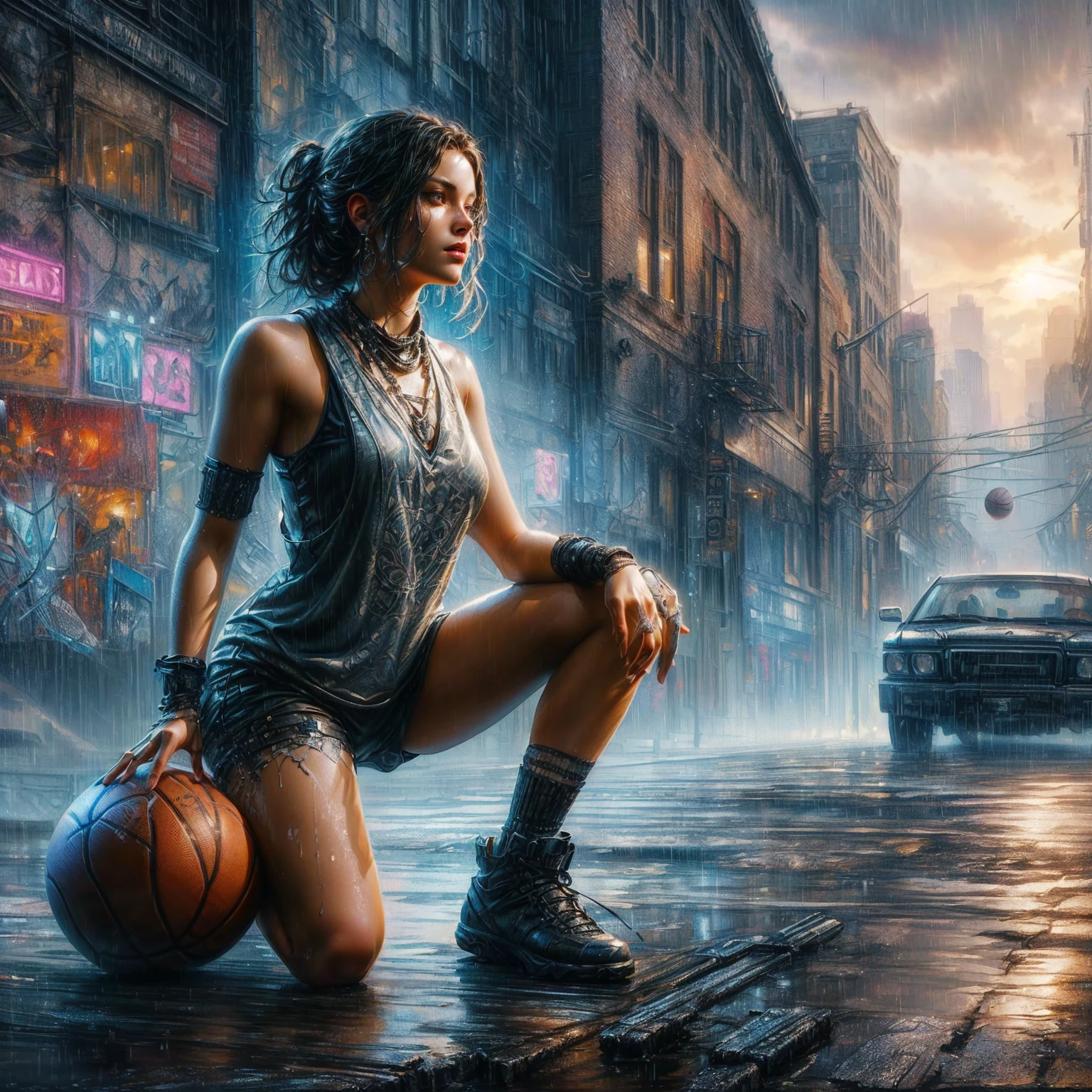 arafed woman sitting with a basketball ball in the rain, by James Gurney, james gurney painting style, realistic digital art 4k, realistic digital art 4 k, stylized urban fantasy artwork, beautiful digital artwork, 4k highly detailed digital art, 4k detailed digital art, inspired by Michael Komarck, urban concept art, amazing wallpaper