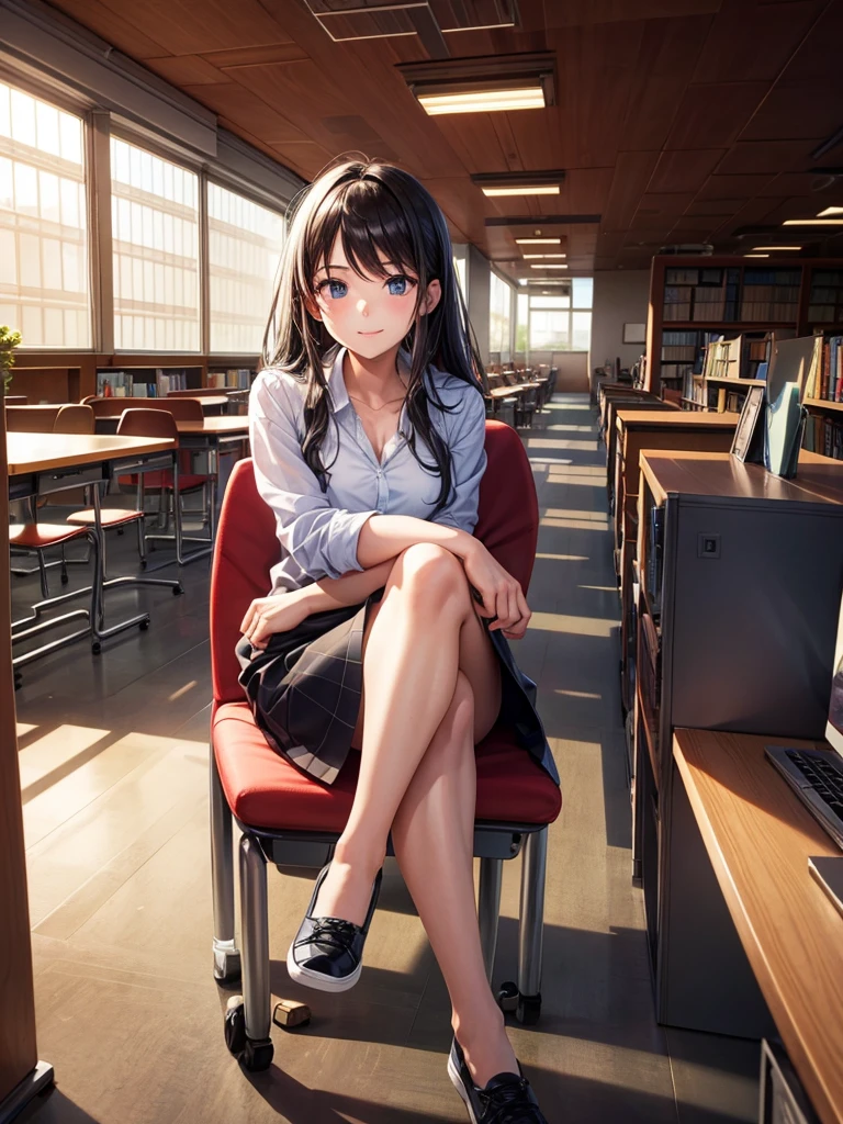 A student who sits on a chair in the library, she&#39;s wearing glasses, blond long hair, Blue eyes, рубашка полурастегнутая сверху от чего видны black bra, chest size 5а, straight waist, бедра большие и tights, pink panties under a black miniskirt, tights, Black miniskirt, Pink panties, black bra, shirt unbuttoned at the top, black bra на груди, chest size 5 , tie, breast size big hips she sits next to you looking at you