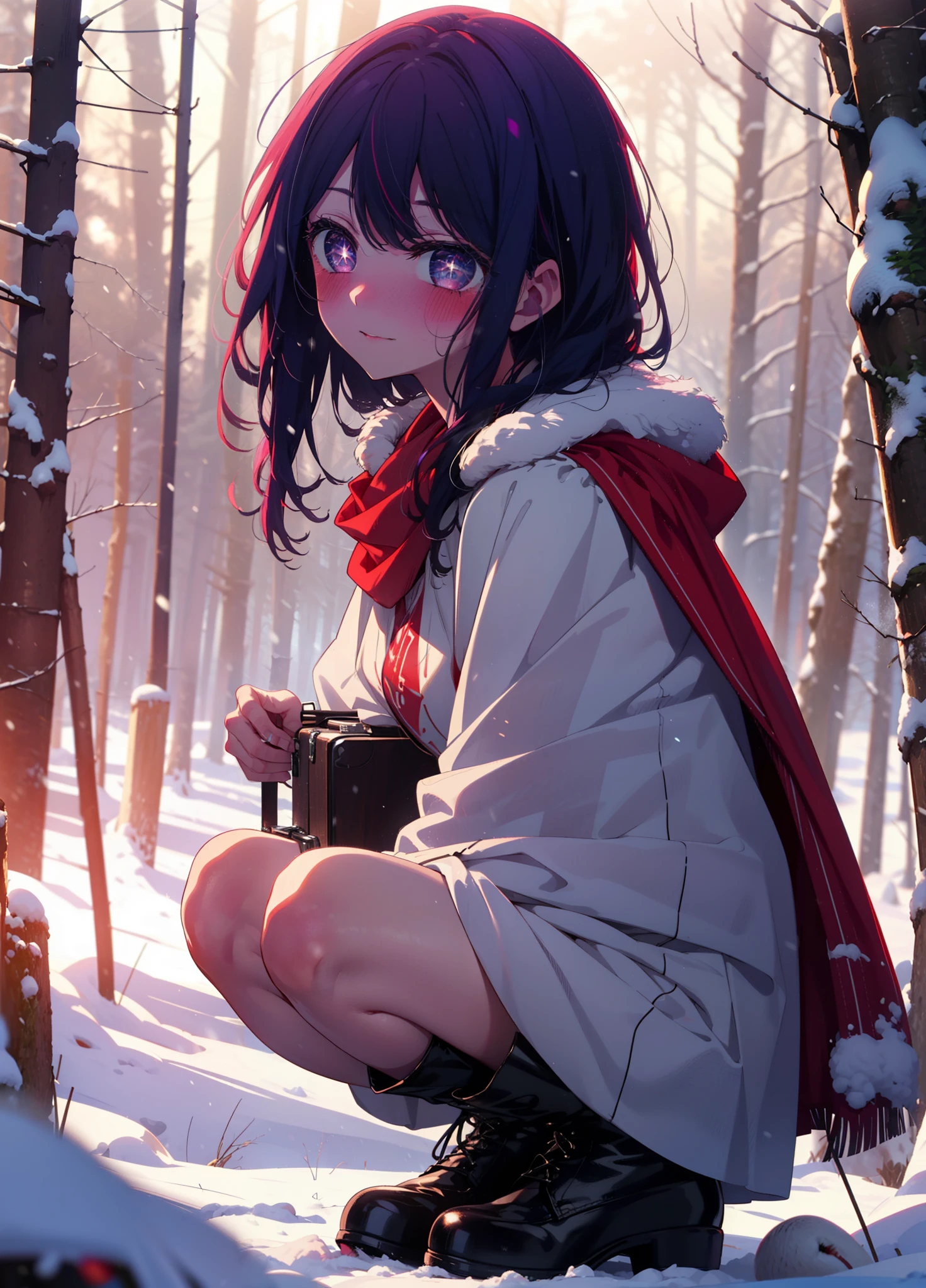 aihoshino, Ai Hoshino, Long Hair, bangs, (Purple eyes:1.1), Purple Hair, (Symbol-shaped pupil:1.5), smile,,smile,blush,white breath,
Open your mouth,snow,Ground bonfire, Outdoor, boots, snowing, From the side, wood, suitcase, Cape, Blurred, , forest, White handbag, nature,  Squat, Mouth closed, Cape, winter, Written boundary depth, Black shoes, red Cape break looking at viewer, Upper Body, whole body, break Outdoor, forest, nature, break (masterpiece:1.2), Highest quality, High resolution, unity 8k wallpaper, (shape:0.8), (Beautiful and beautiful eyes:1.6), Highly detailed face, Perfect lighting, Extremely detailed CG, (Perfect hands, Perfect Anatomy),