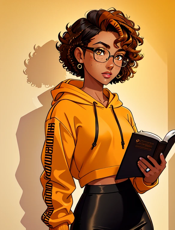(masterpiece,best quality,absurdres,beautiful,aesthetic,detailed), (Detailed face:1.2), (Detailed eyes:1.2), 1girl, solo, 20 year old college student, ((slim, petite)) , she has tan-bronze skin with some freckles, short curly black hair with orange highlights, amber colored eyes, (Wearing: reading glasses, yellow hoodie, black pencil skirt), college background