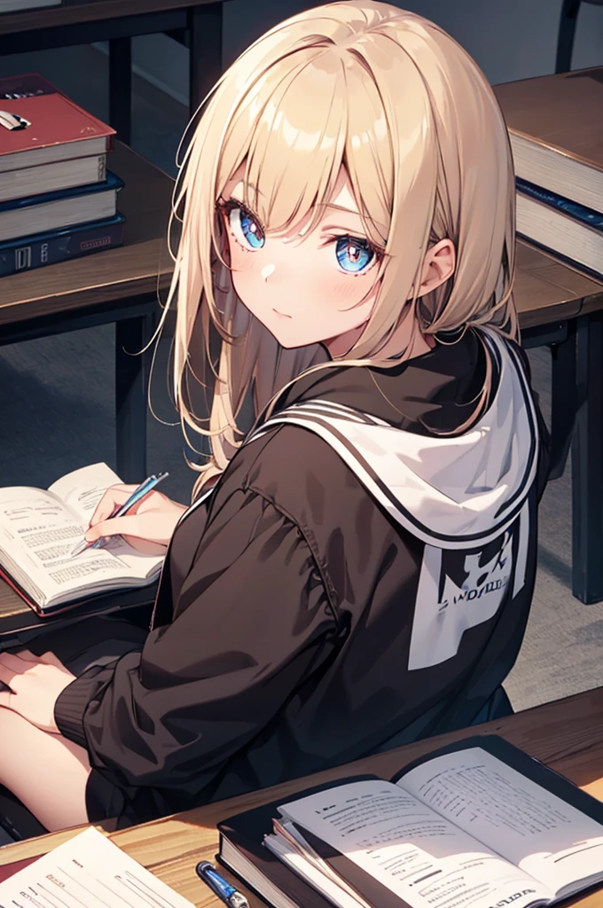 1girl,solo,from behind,from above,studying,Sit at a desk,Textbooks, notebooks,masterpiece,Noise Reduction,perfect anatomy,high resolution, ultra-detailed, ultra-detailed face,game cg,dutch angle ,beautiful detailed eyes,visualart,five fingers, perfect hands, perfect lighting, sparkling pupils,