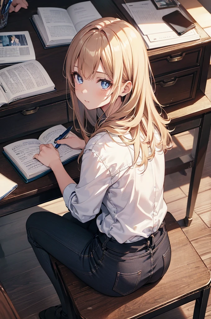 1girl,solo,from behind,from above,studying,Sit at a desk,Textbooks, notebooks,masterpiece,Noise Reduction,perfect anatomy,high resolution, ultra-detailed, ultra-detailed face,game cg,dutch angle ,beautiful detailed eyes,visualart,five fingers, perfect hands, perfect lighting, sparkling pupils,