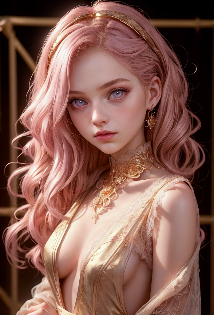 An 18 years old European girl with pale skin and long, wavy rose_gold hair. large and magenta colored eyes, full lips, with an adorable, and innocent face. She should have a happy expression, wearing a pink, gold, and rose gold colored dress, with an elegant and spider web lace theme, something that emphasizes her sweet and compassionate personality. Overall, her appearance would be striking, attracting curious looks. small chested, slender, petit, cinematic lighting, chromatic aberration, backlighting, masterpiece, high details, high quality, 4K.