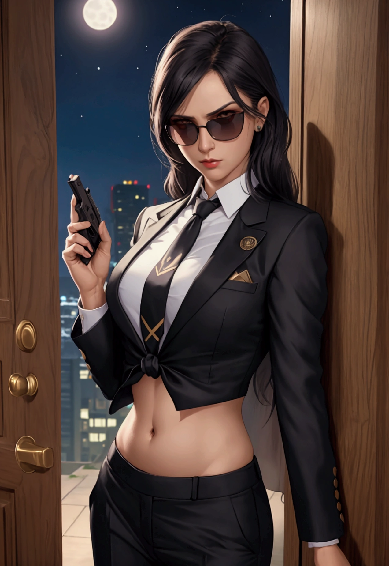 night time, Woman in professional crop top suit, trousers, Show belly, Realistic navel shape, necktie, black sun glasses, secret organization, holding pistol, knock on the door