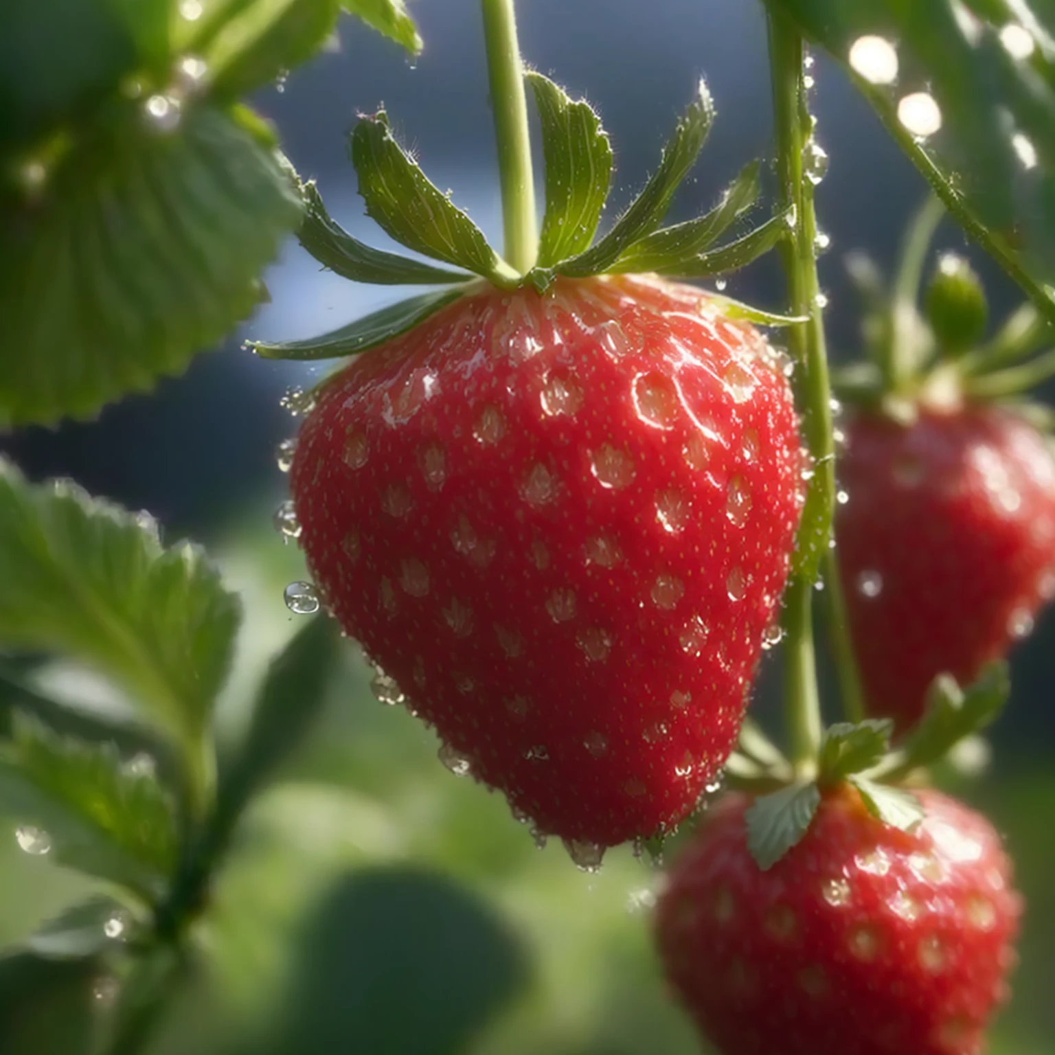 there are two strawberries on the plant with water droplets, strawberry, strawberries, strawberry fields forever, fight with strawberries, by Maeda Masao, by Yasushi Sugiyama, berries dripping, by Hiroyuki Tajima, squashed berries dripping, by Yokoyama Taikan, strawberry embellishment, berries inside structure, hyperdetailed!, pixabay