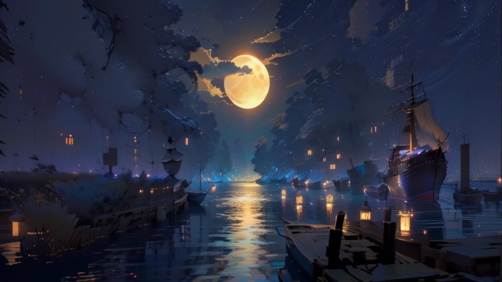 There are many boats floating on the water at night, A quiet night. Digital Illustration, floating in the moonlight at night, anime art wallpaper 8 k, Anime Art Wallpaper 4K, Anime Art Wallpaper 4K, Moonlit night dreamy atmosphere, 4k anime wallpaper, author:Yang J, 4k hd illustration wallpaper, Beautiful moonlit night, Moonlight fisheye illustration