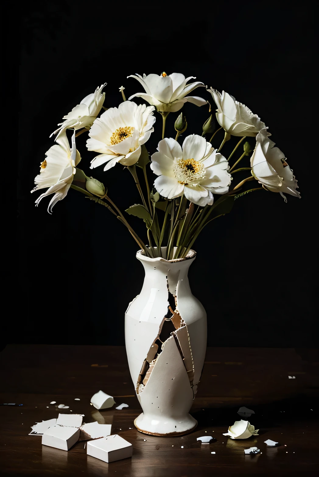 Fractured white VASE WITH broken parts, with withered flowers inside, and dark background