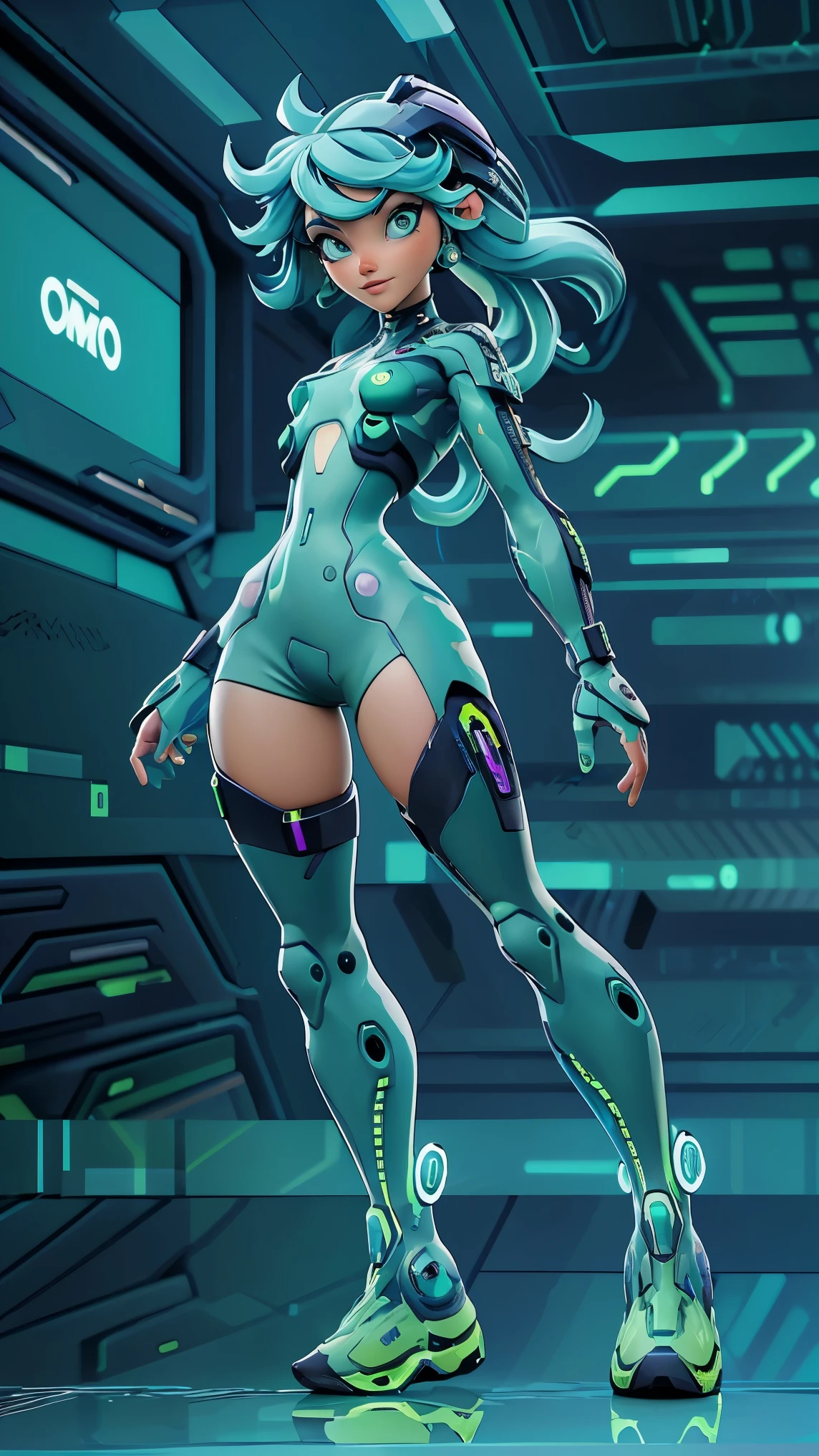 solo, front view, 1girl, full body nude, (electric aqua hair), (electric green eyes), ((Cyber punk outfit)), (symmetrical eyes), (Perfect face), (Perfect Anatomy), (looking at viewer), (cyber shot), ((Glitch Art background)), (glitch art:1.3) ((glitch effect)), (8k), (HD), (Cinematography)