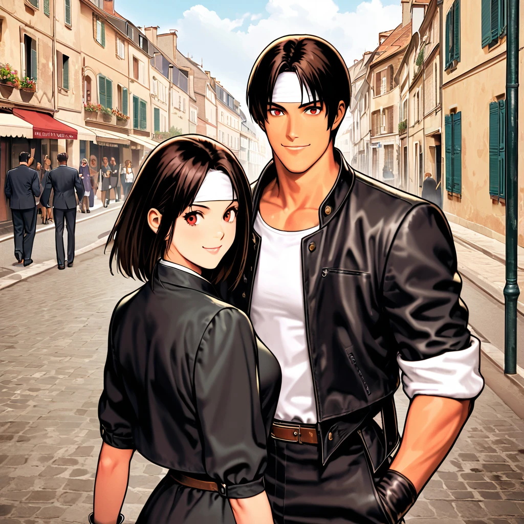 Orochikyo, dark skin, two people, red eyes, black jacket (rolled up sleeves), fingerless gloves, black hair, white t-shirt, ((white headband)), black pants, white shoes, brown belt, handsome, shot, charming, masterpiece, high resolution, detailed face, fine grain, day, big sky, confident smile, with lover Cezanne's studio, viewer in background on roof of building, smiling man and woman, France, shoulders together