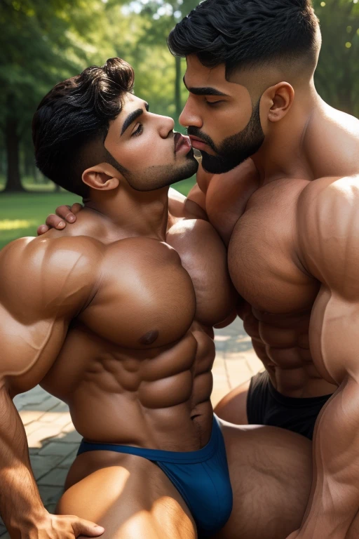 Two gay person in one picture one is 18 years old handsome indian boy and one is 30 years old masuculine bodybuilder pehlwan beared jaat man, boy kissing with pehlwan man doing mouth to mouth kiss, head to thighs, black-haired, hair falls on your face, Mesmerizing brown eyes, hot kissing poses, masterpiece, sunny day, 8k, hd, hdr