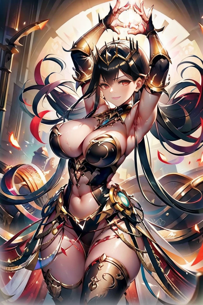 outstretched arms, outstretched hand, outstretched fingers, hand on own chest, hands up, black hair, bare shoulder, red eyes, very long hair, cleavage, large breasts, dress, showgirl skirt, high-leg, cleavage cutout, tiara, bare thighs, gauntlets, bare shoulder, bare nails, bare fingers, bare hands, good hands, best hands, Correctly aligned fingers, extremely detailed hands and fingers, ultra detailed hands and fingers, super detailed hands and fingers, perfect female hands and fingers, biologically accurate hands and fingers, 4 fingers and 1thumb accurate hands and fingers, beautiful hands and fingers, hands and fingers drawing, human hand and fingers, perfect arrangement of fingers, detail focus hands, perfection hands, better hands, adult face, fearless face, (((both arms, two arms, both hands, two hands))), super fine illustration, masterpiece, masterwork, by famous artist, official art, ultra high res, best quality, high quality, Hand, detailed, perfect, perfection , hands, both hands is Thumb and index finger and middle finger and ring finger and little finger, symmetrical hands, even hands, panties, thighhighs, symmetrical bangs, gleaming skin, oil skin, shiny skin, wet skin, sweat, rouge, exquisite, beautiful,cg unity 8k wall paper, perfect face, ultra detailed beautiful face, perfect nose, perfect mouth, clear eyes, light eyes, perfect eyes, symmetrical eyes, even eyes, 16k, absurdres, perfect body, perfect anatomy, perfect proportion, perfect arms, perfect torso,