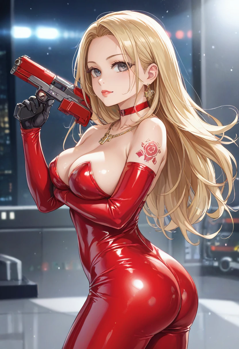 Amy,blonde,grey eyes,((masterpiece:1.4)、(highest quality:1.4)、(realistic:1.7))、master piece:1.4、(Finest rendering:1.4)、(Space Federation 3WA special agency female member:1.4)、Super beautifulエージェント、(Written by Luis Royo:1.4)、(hold a gun:1.2)、(Futuristic sci-fi battle fashion:1.2)、(street style wear)、(tight fit pants)、(Luxurious shiny latex:1.4)、(luxury red latex:1.4)、22 years old、(cute tattoo:1.4)、(Wearing black gloves)、cute girl、Super beautiful、(seductive pose)、sharp focus、portrait photography:1.4、8k、realistic photo images:1.4、(perfect female body:1.4)、perfect proportions、(standing:1.4)、(Upper body photography:1.4)、beautiful face、fearless look、beautiful eyes、(A girl with a beautiful body that emphasizes her slender abdominal muscles)、narrow waist:1.4、(9 life size beautiful style girl:1.4)、(Beautiful girl with long legs and good style:1.4)、beautiful feet、(long hair:1.2)、dark makeup、eye shadow、Glow eye、glow lip、beautiful breasts、big breasts:1.2、sexy butt、(standing facing forward:1.4)、Raw photo、red lips、red high heels:1.4、choker:1.4、necklace:1.4、earrings:1.4、1 screen display、Beautiful night view of cyberpunk city:1.2
